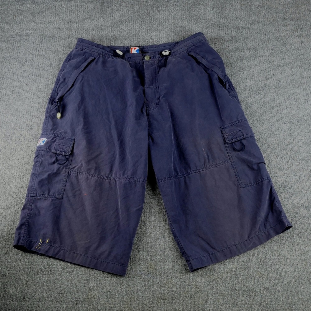 Vintage Kikwear Cargo Shorts Mens 38 Blue Baggy Wide Leg Rave Y2K Streetwear